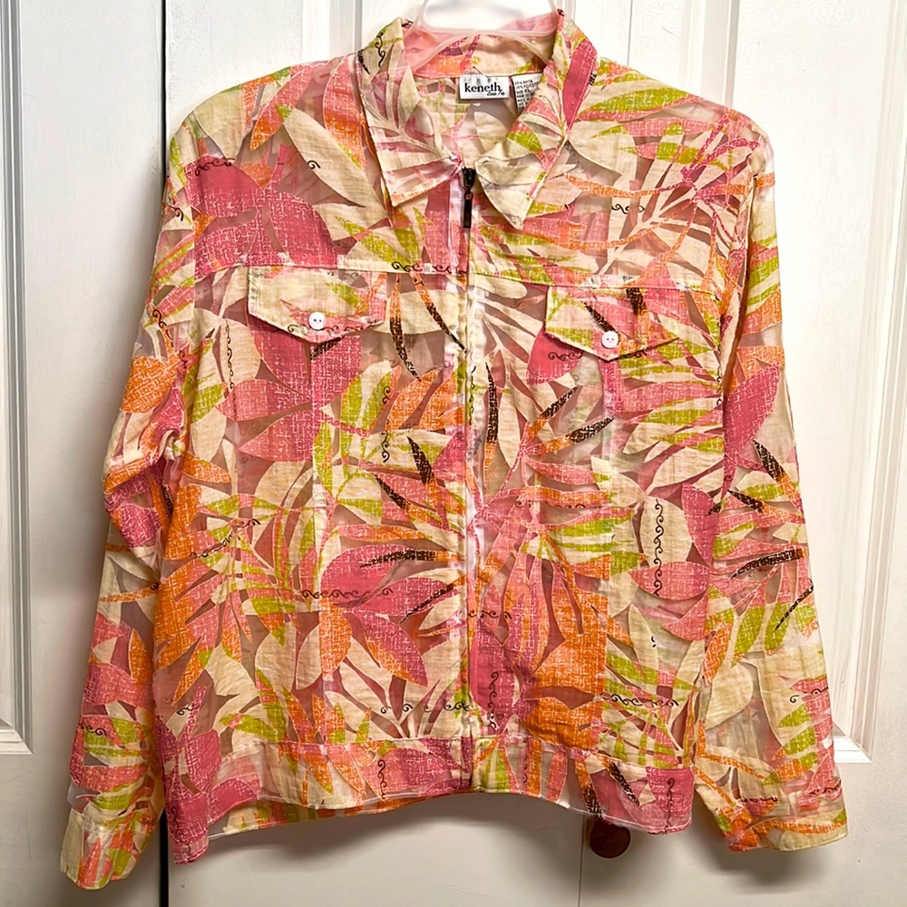 Keneth Too Colorful Leaf Print Net Zipper Summer Spring Jacket Size XL